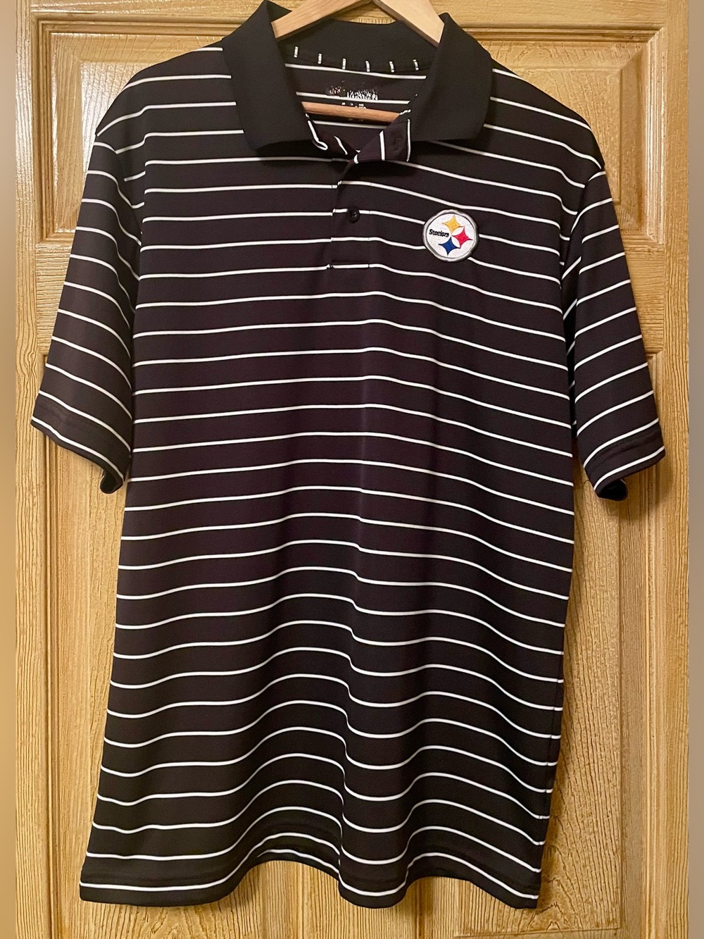 Men's NFL Steelers Black Striped Polo Shirt size Large